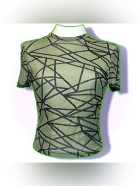 Shasa Olive Green Sheer Tee with Black Geometric Print